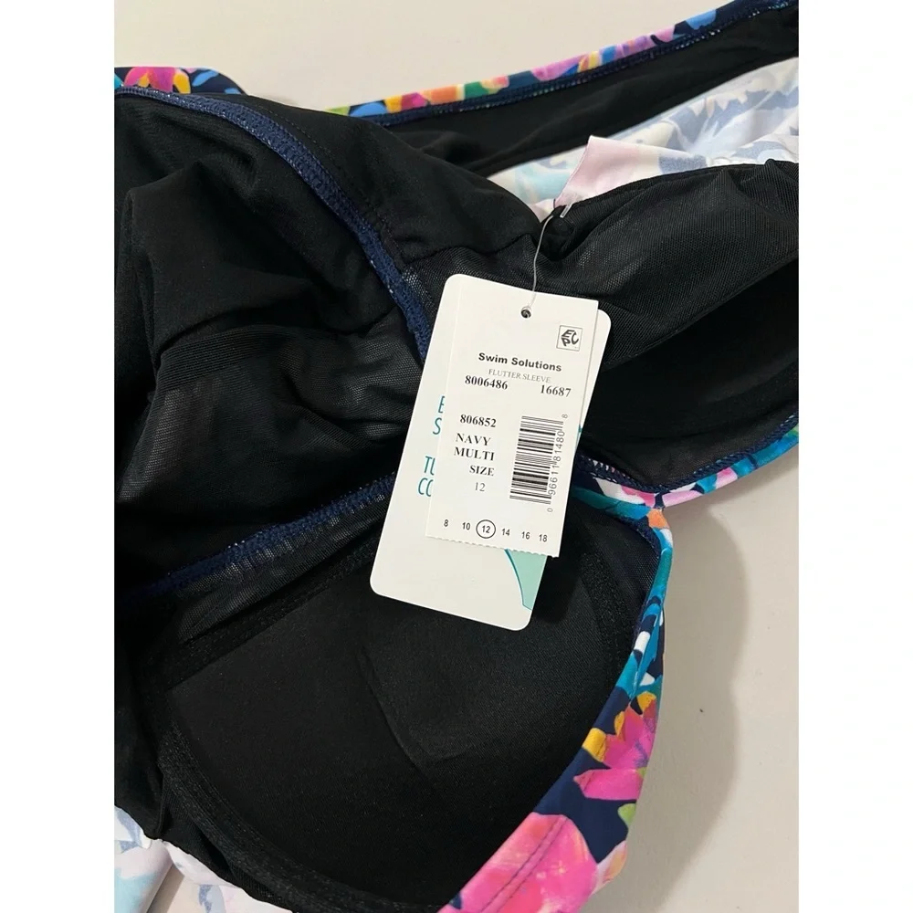 Swim Solutions Garden‎ Dreams Print Flutter Sleeve One-Piece Swimsuit Size 12 - Picture 6 of 7